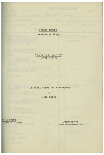 Moe Howard's 24pp. Script Dated August 1956 for The Three Stooges Film ''Space Ship Sappy'' -- With Moe's Annotations & Signatures & Additional 12pp. Script Changes, Shot List & Schedule -- Very Good